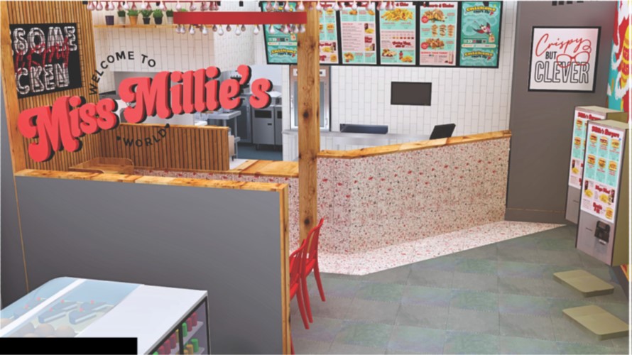 a 3D render of the new Miss Millie's Store at Langley, showing off the new Miss Millie's brand in action.