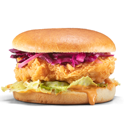 Cluck'n hot burger includes spicy breaded fillet in a brioche bun with lettuce, spicy mayo & house slaw, finished with fiery red chillies.