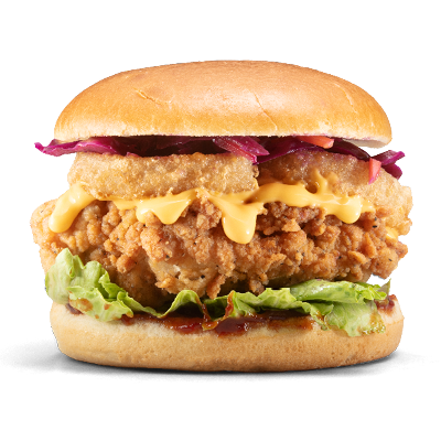 BBQ Bird Burger includes Breaded fillet in a brioche bun with lettuce, smokey BBQ sauce, onion rings & house slaw, and melted cheese sauce.