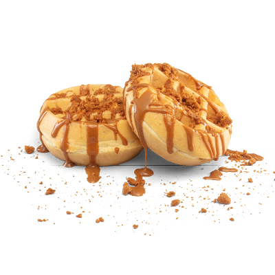 2 golden waffles loaded with Biscoff sauce topped with Biscoff crumb