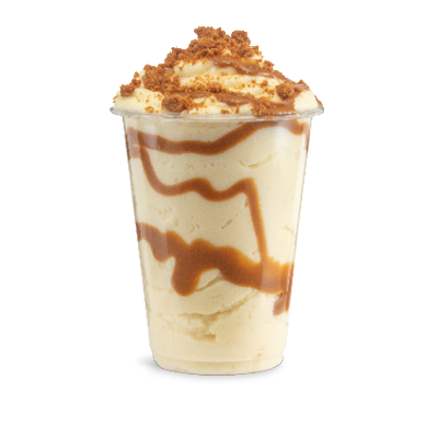 Creamy soft serve ice cream sundae swirled with Biscoff sauce topped with Biscoff crumb.