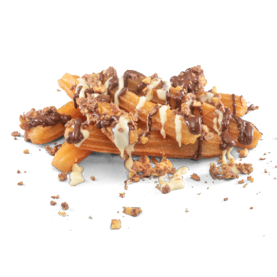 Churros loaded with white and milk chocolate sauce topped with Cadbury crunchie crumb.