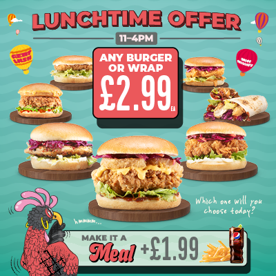 Lunchtime offer - any burger or wrap for £2.99